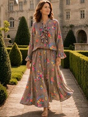 DVF Vintage Silk Blouse Maxi Skirt Set NWT Parquet Floral Deadstock L